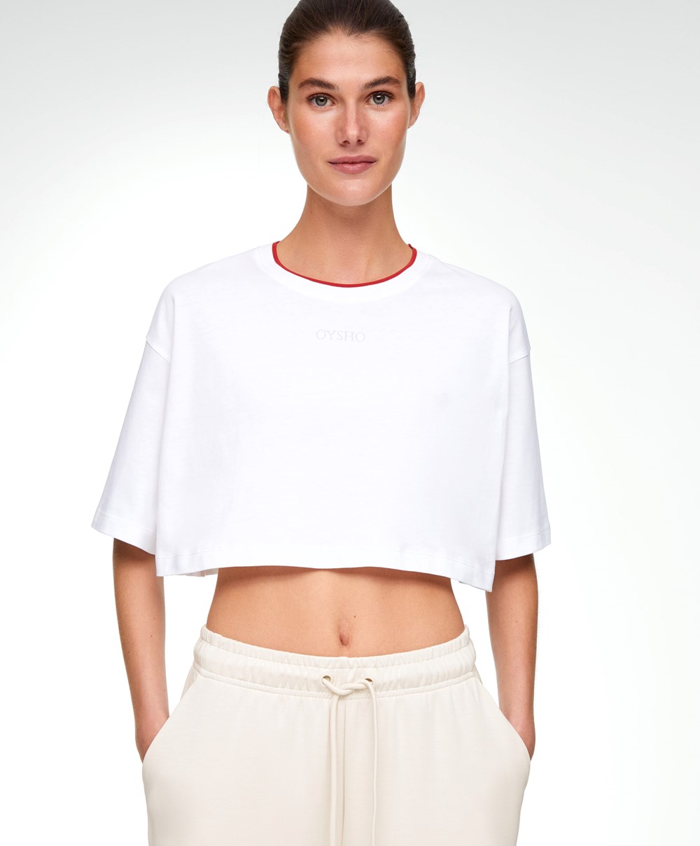 Oysho 100% Bomull Cropped Kort-sleeved Logo T-shirt Rød | WDEQ40129