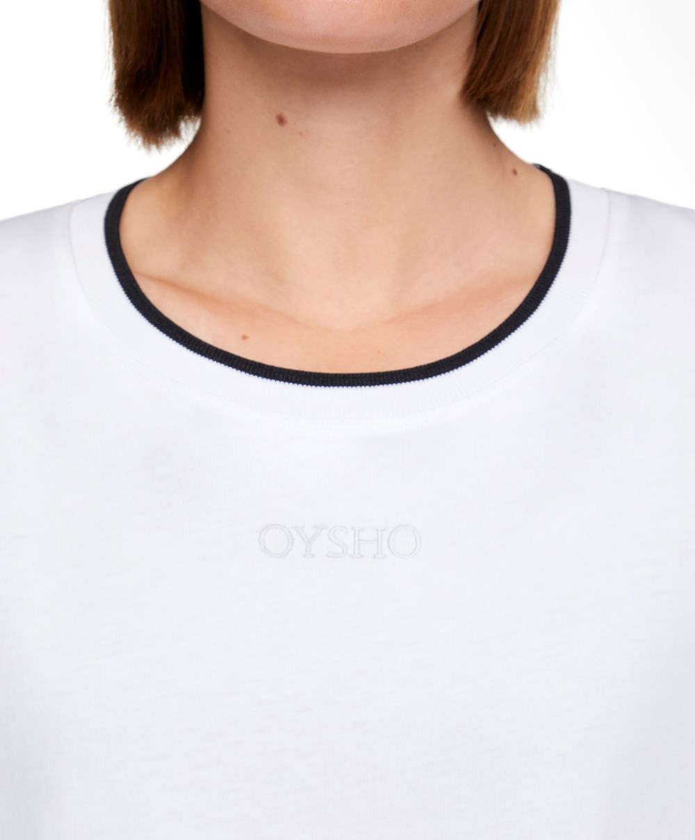 Oysho 100% Bomull Cropped Kort-sleeved Logo T-shirt Hvite | YSAN70483