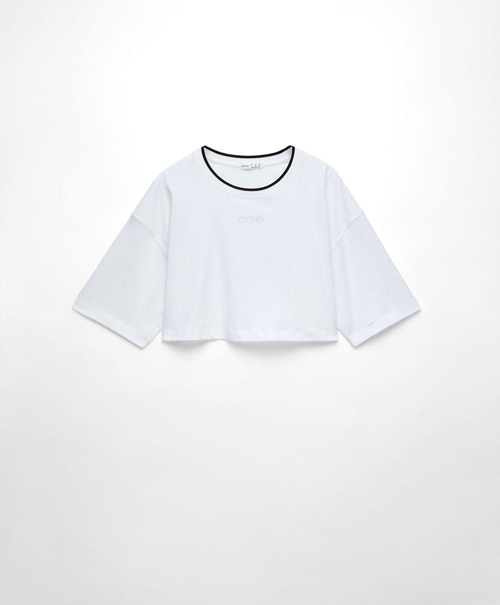 Oysho 100% Bomull Cropped Kort-sleeved Logo T-shirt Hvite | YSAN70483