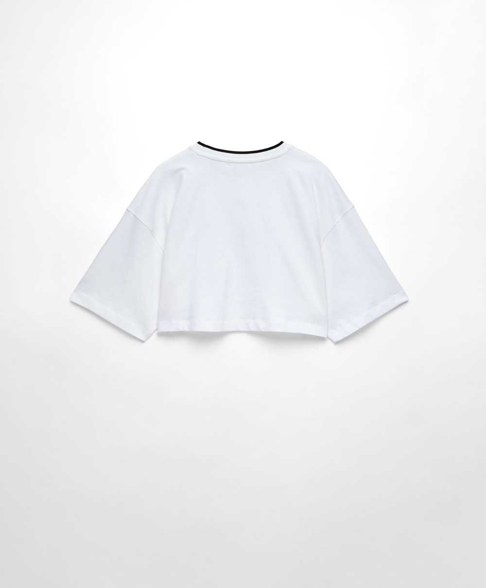 Oysho 100% Bomull Cropped Kort-sleeved Logo T-shirt Hvite | YSAN70483