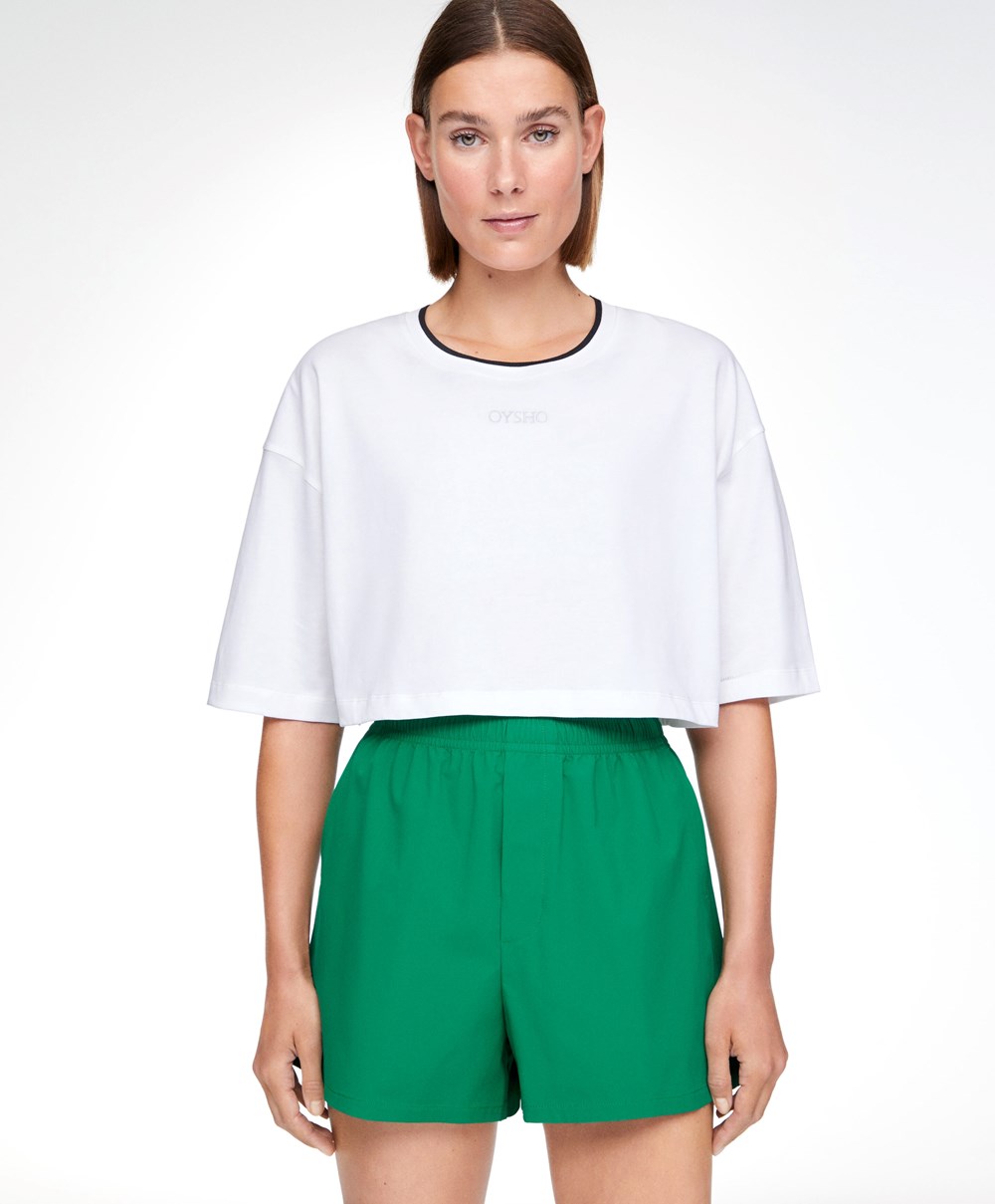 Oysho 100% Bomull Cropped Kort-sleeved Logo T-shirt Hvite | YSAN70483