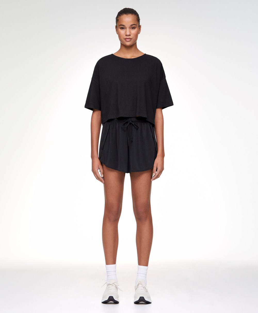 Oysho 100% Bomull Cropped Kort-sleeved T-shirt Svarte | AUQH80492