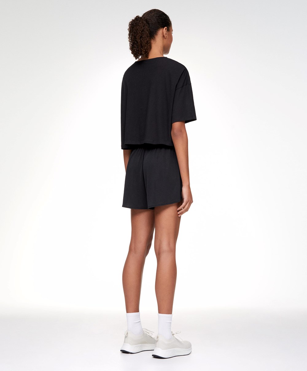 Oysho 100% Bomull Cropped Kort-sleeved T-shirt Svarte | AUQH80492