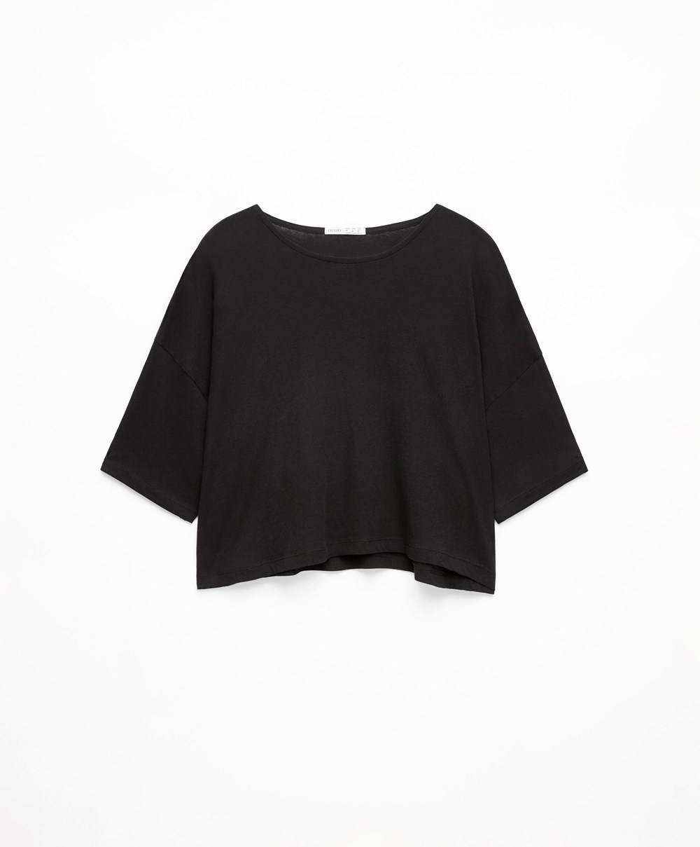 Oysho 100% Bomull Cropped Kort-sleeved T-shirt Svarte | AUQH80492