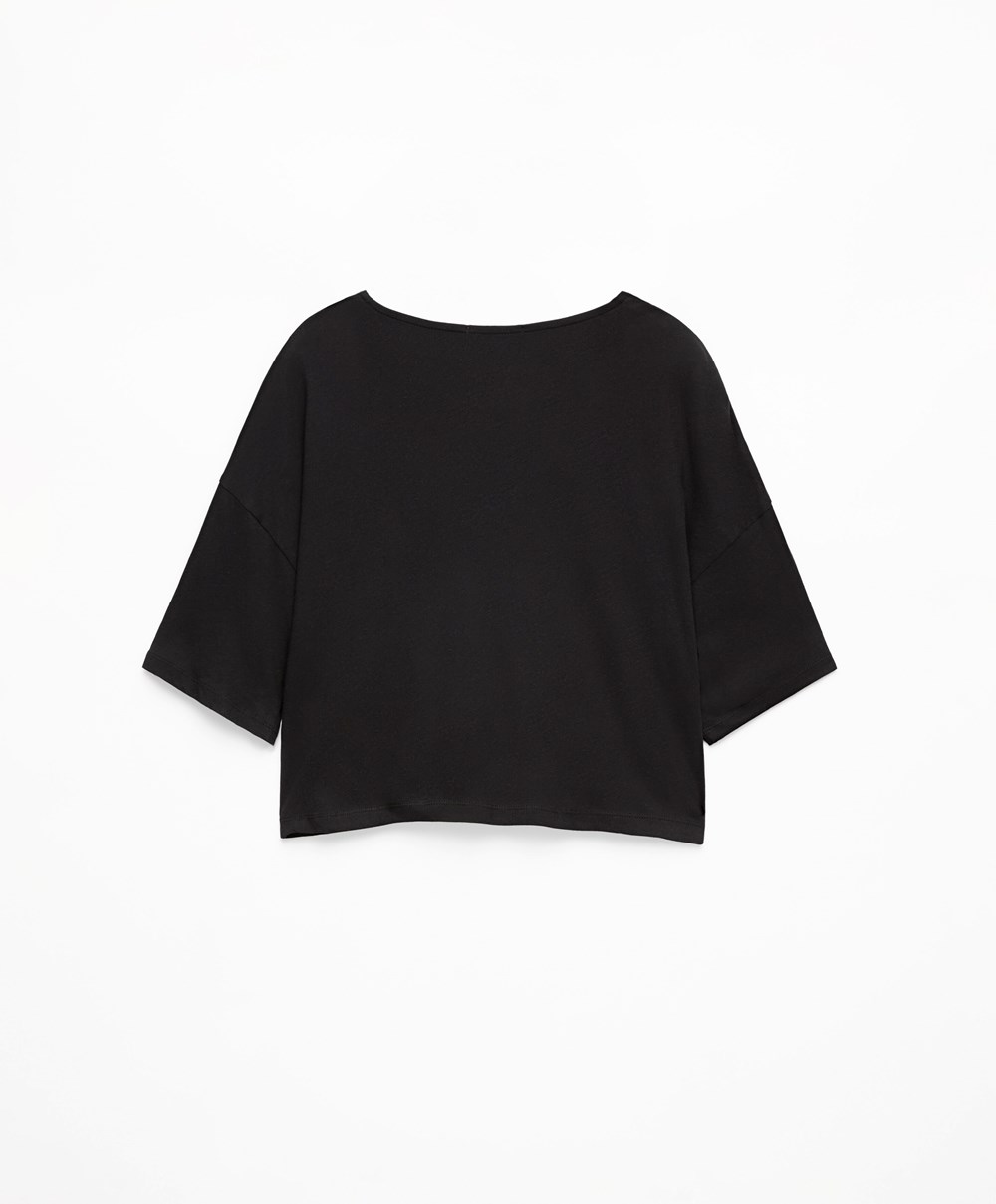 Oysho 100% Bomull Cropped Kort-sleeved T-shirt Svarte | AUQH80492