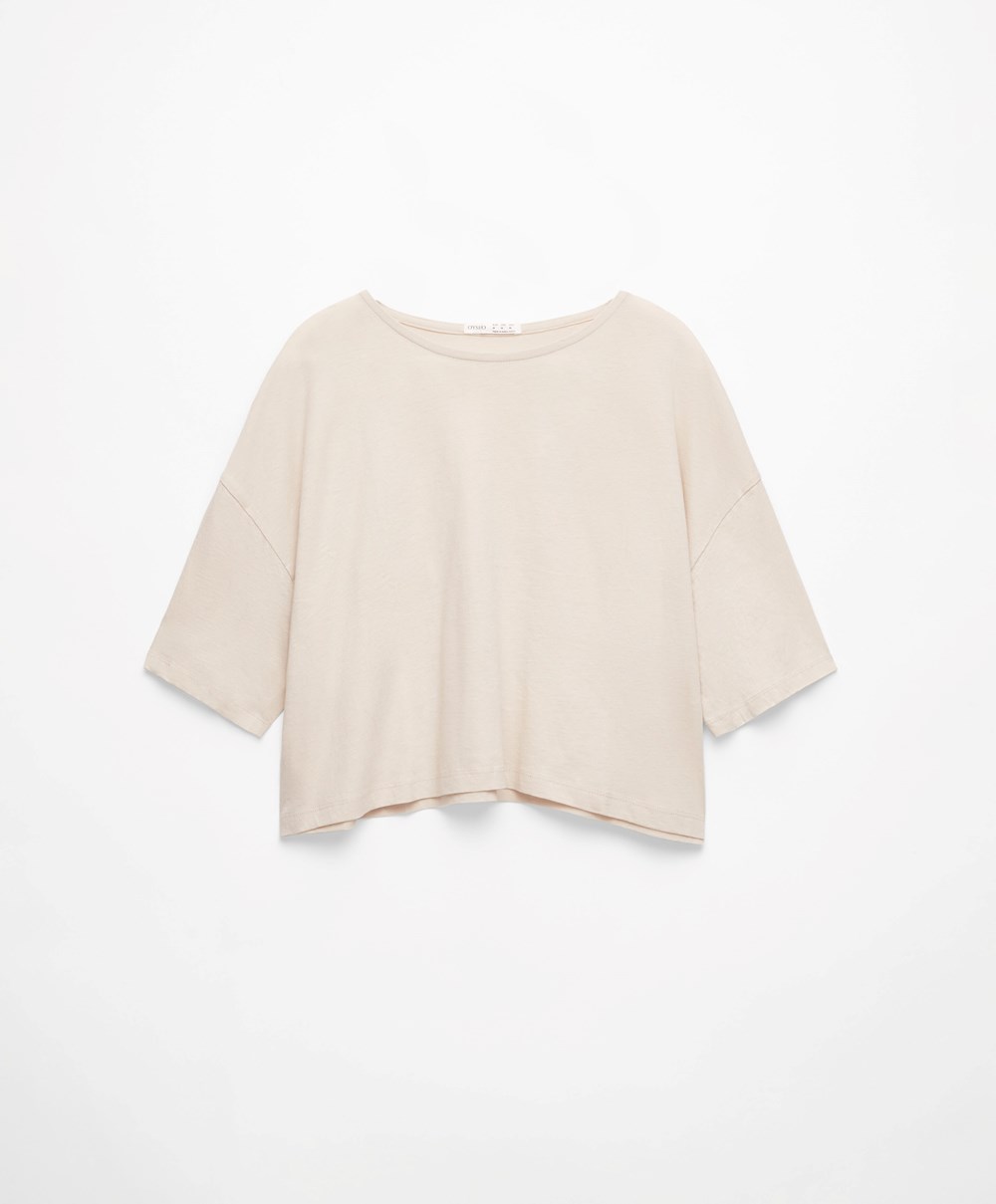 Oysho 100% Bomull Cropped Kort-sleeved T-shirt Ecru | BLHM72043