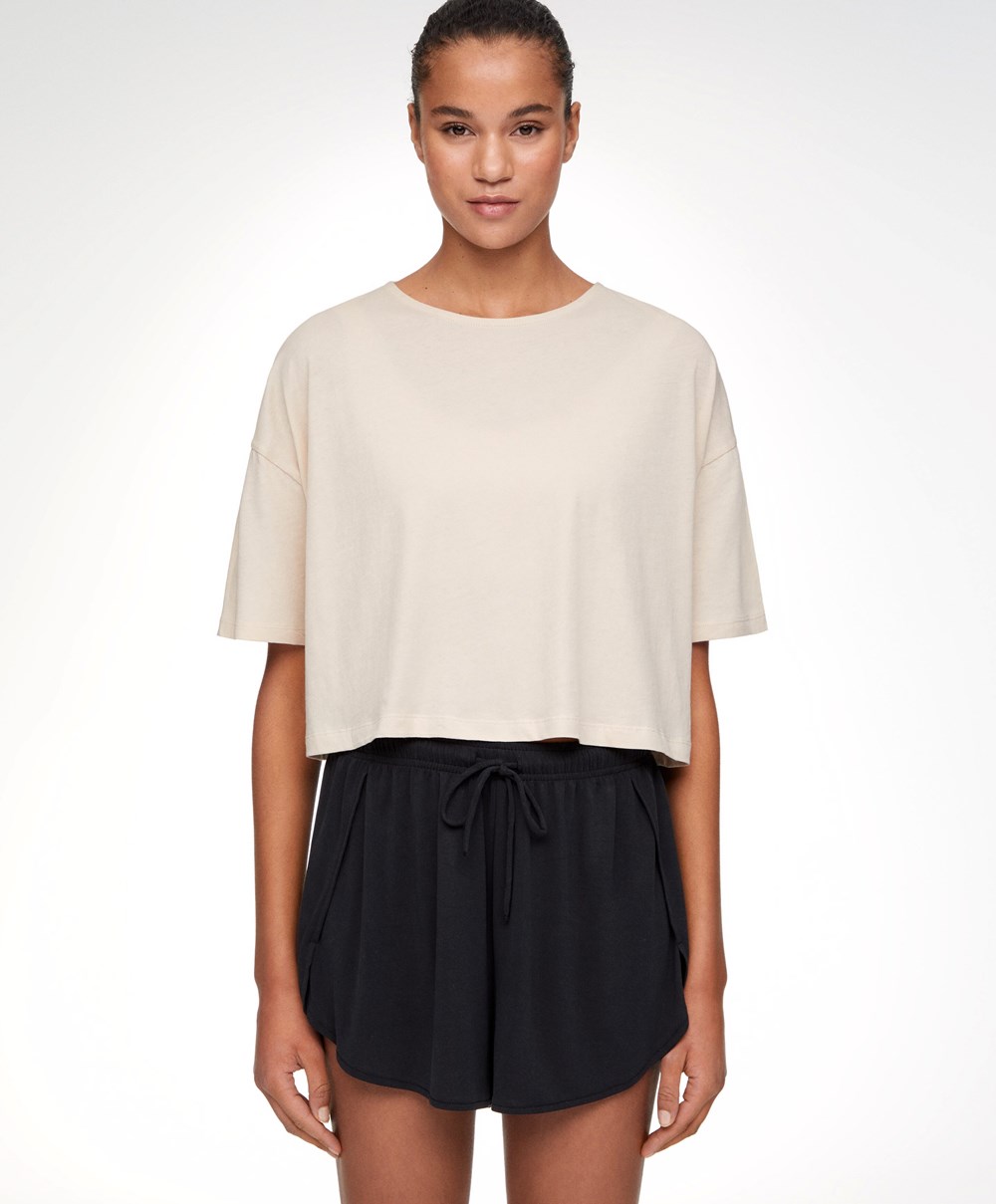 Oysho 100% Bomull Cropped Kort-sleeved T-shirt Ecru | KUTY01256