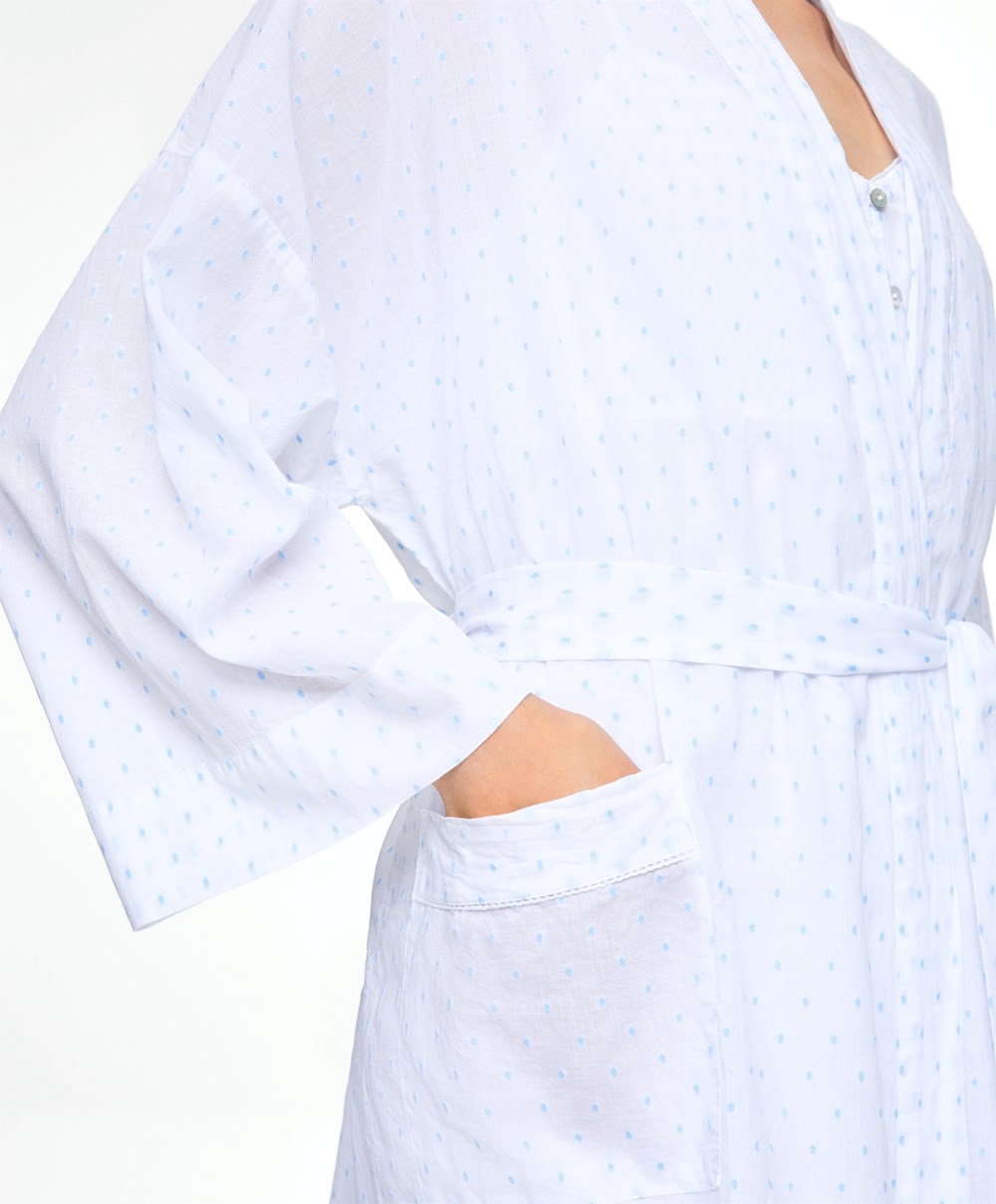 Oysho 100% Bomull Plumeti Dressing Gown Hvite | MYJV42105