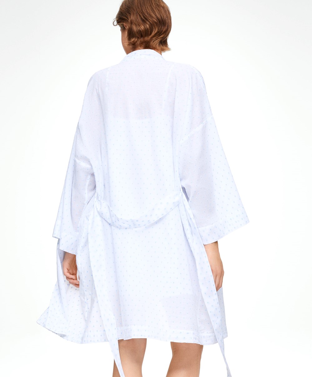 Oysho 100% Bomull Plumeti Dressing Gown Hvite | MYJV42105