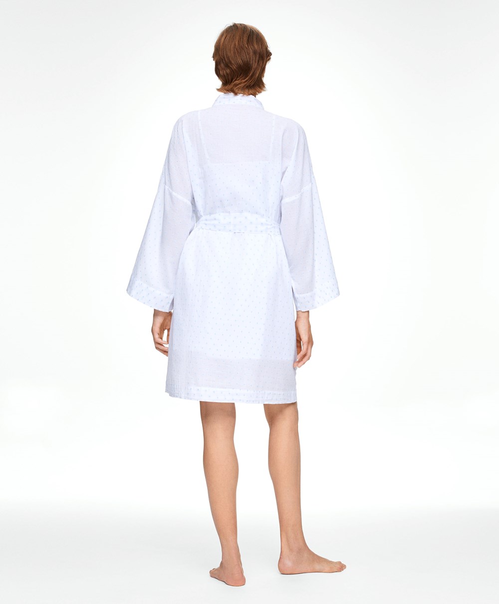 Oysho 100% Bomull Plumeti Dressing Gown Hvite | MYJV42105