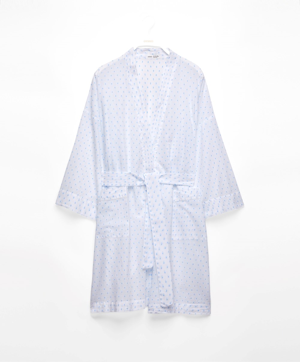 Oysho 100% Bomull Plumeti Dressing Gown Hvite | MYJV42105