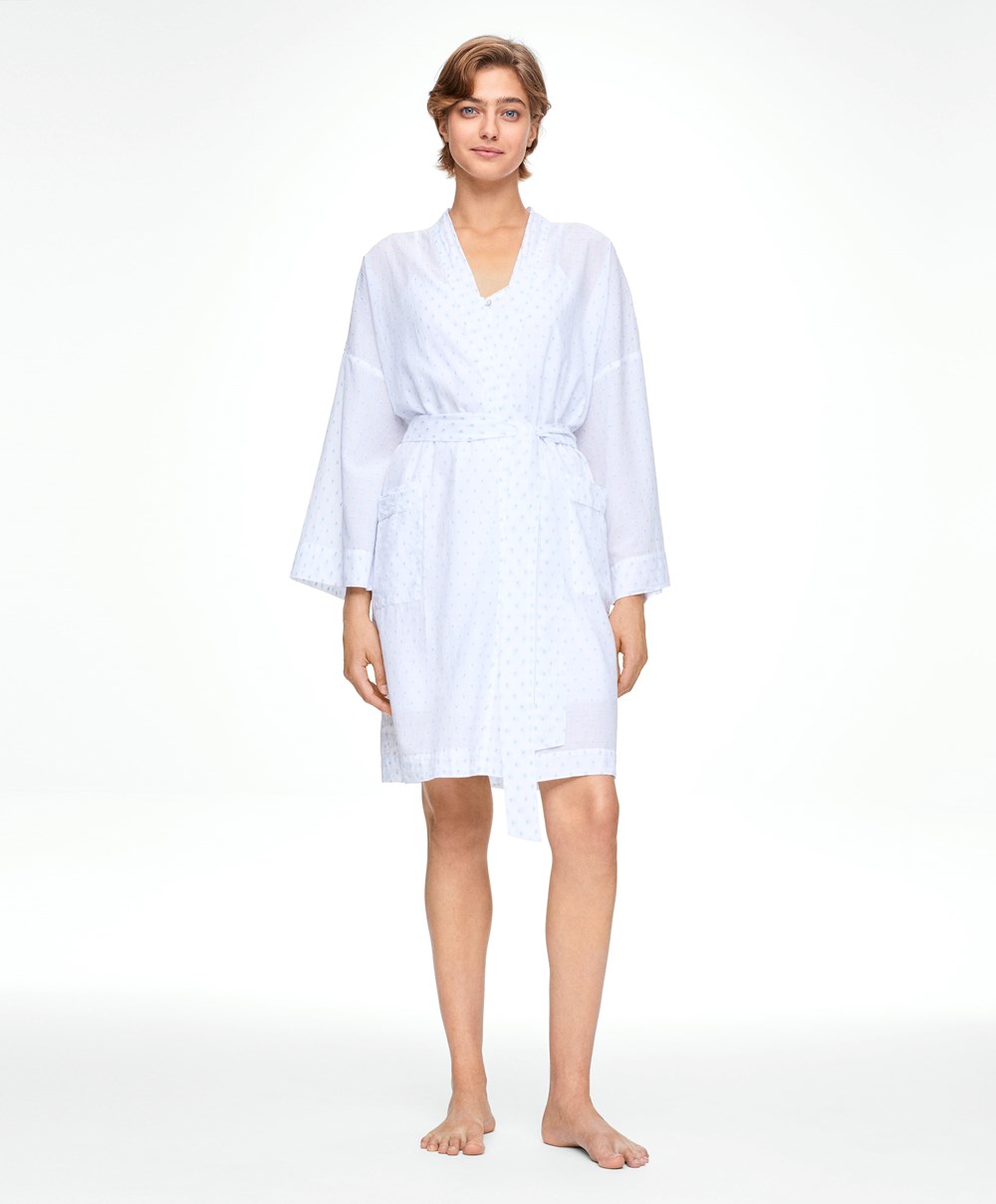 Oysho 100% Bomull Plumeti Dressing Gown Hvite | MYJV42105