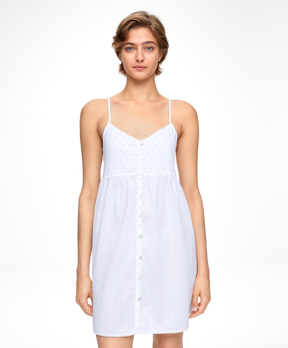 Oysho 100% Bomull Plumeti Kort Nightdress Hvite | CHZB23819