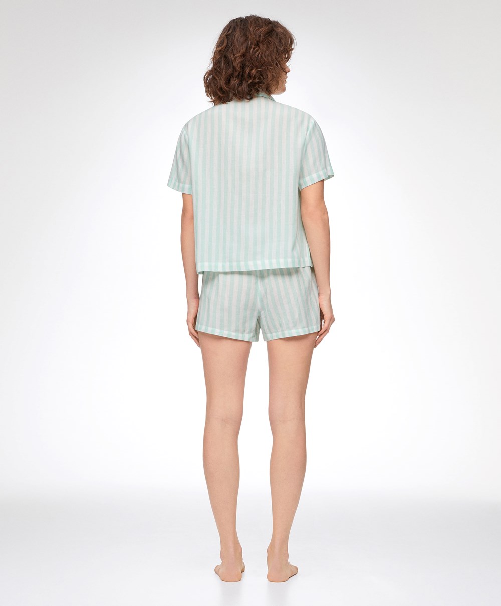 Oysho 100% Bomull Stripe Shorts Grønn | DIFU01827