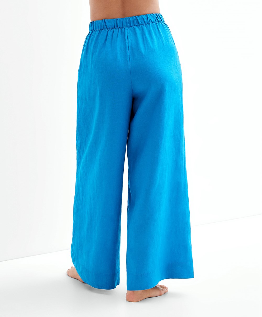 Oysho 100% Linen Brede Rett-leg Trousers Turquoise-blue | COBR45378