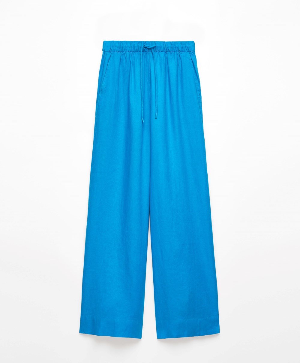 Oysho 100% Linen Brede Rett-leg Trousers Turquoise-blue | COBR45378