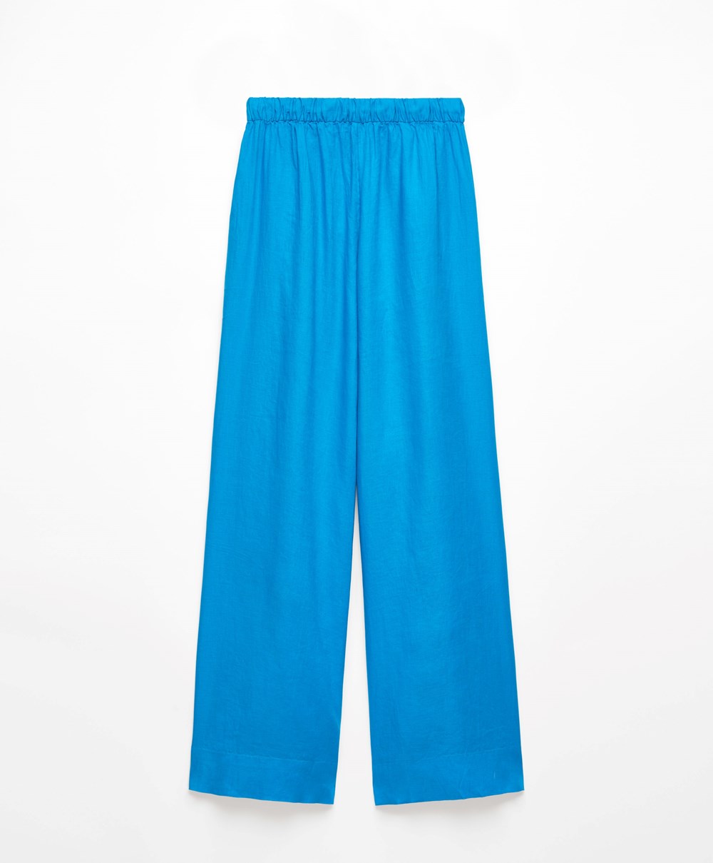 Oysho 100% Linen Brede Rett-leg Trousers Turquoise-blue | COBR45378