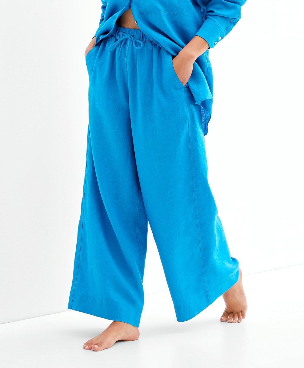 Oysho 100% Linen Brede Rett-leg Trousers Turquoise-blue | FTMH52467