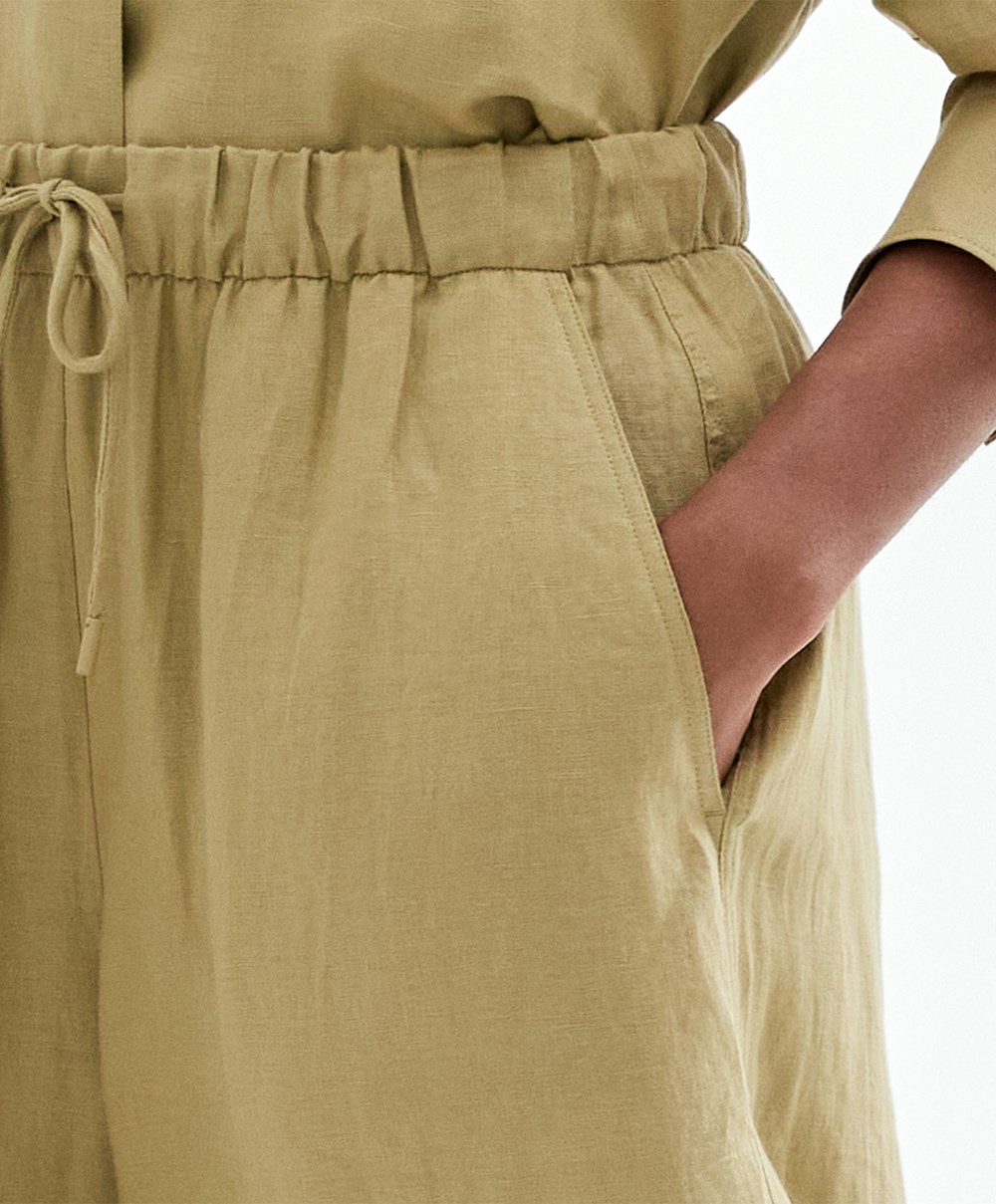 Oysho 100% Linen Brede Rett-leg Trousers Khaki | IGBP10826