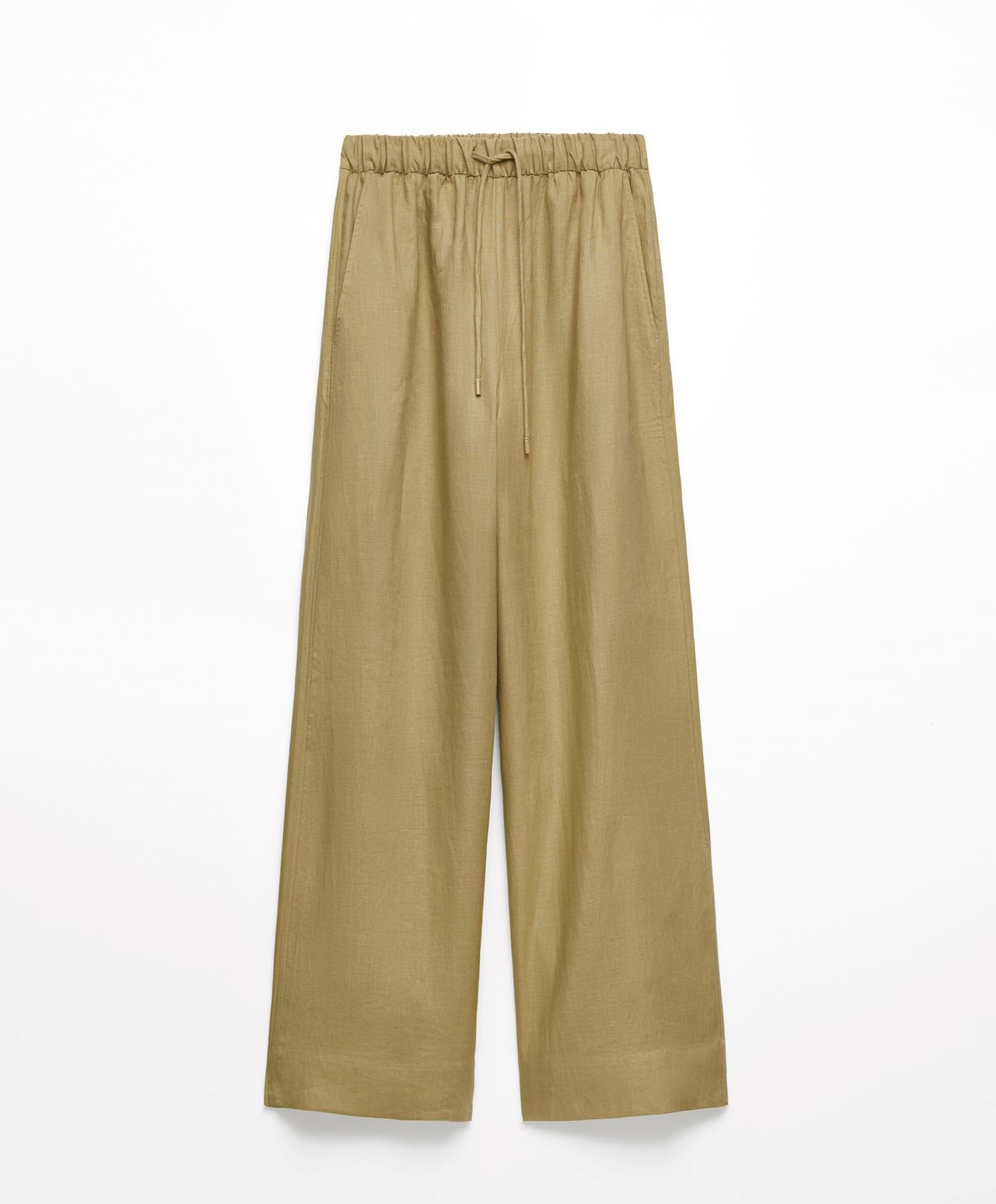 Oysho 100% Linen Brede Rett-leg Trousers Khaki | IGBP10826