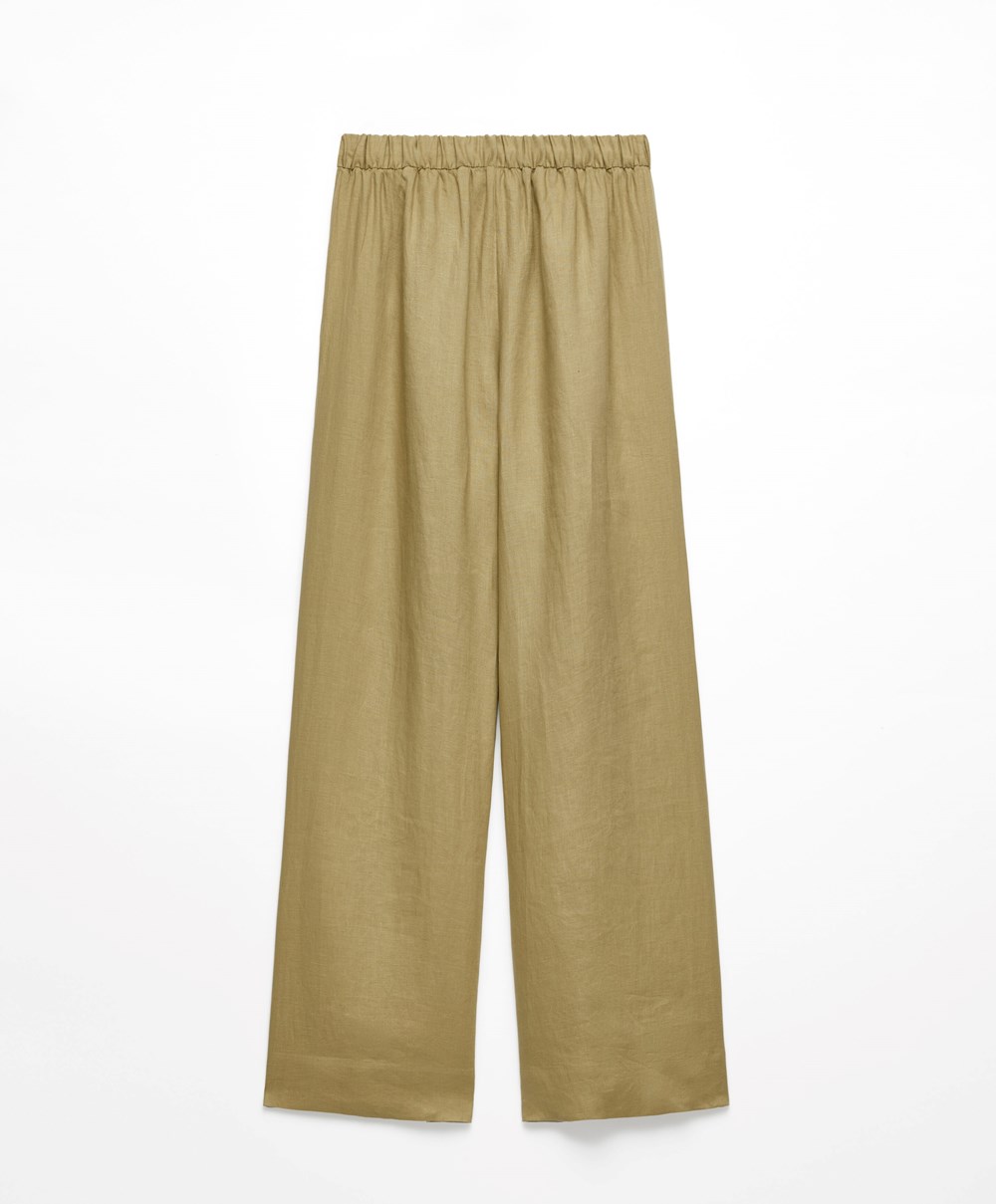 Oysho 100% Linen Brede Rett-leg Trousers Khaki | IGBP10826