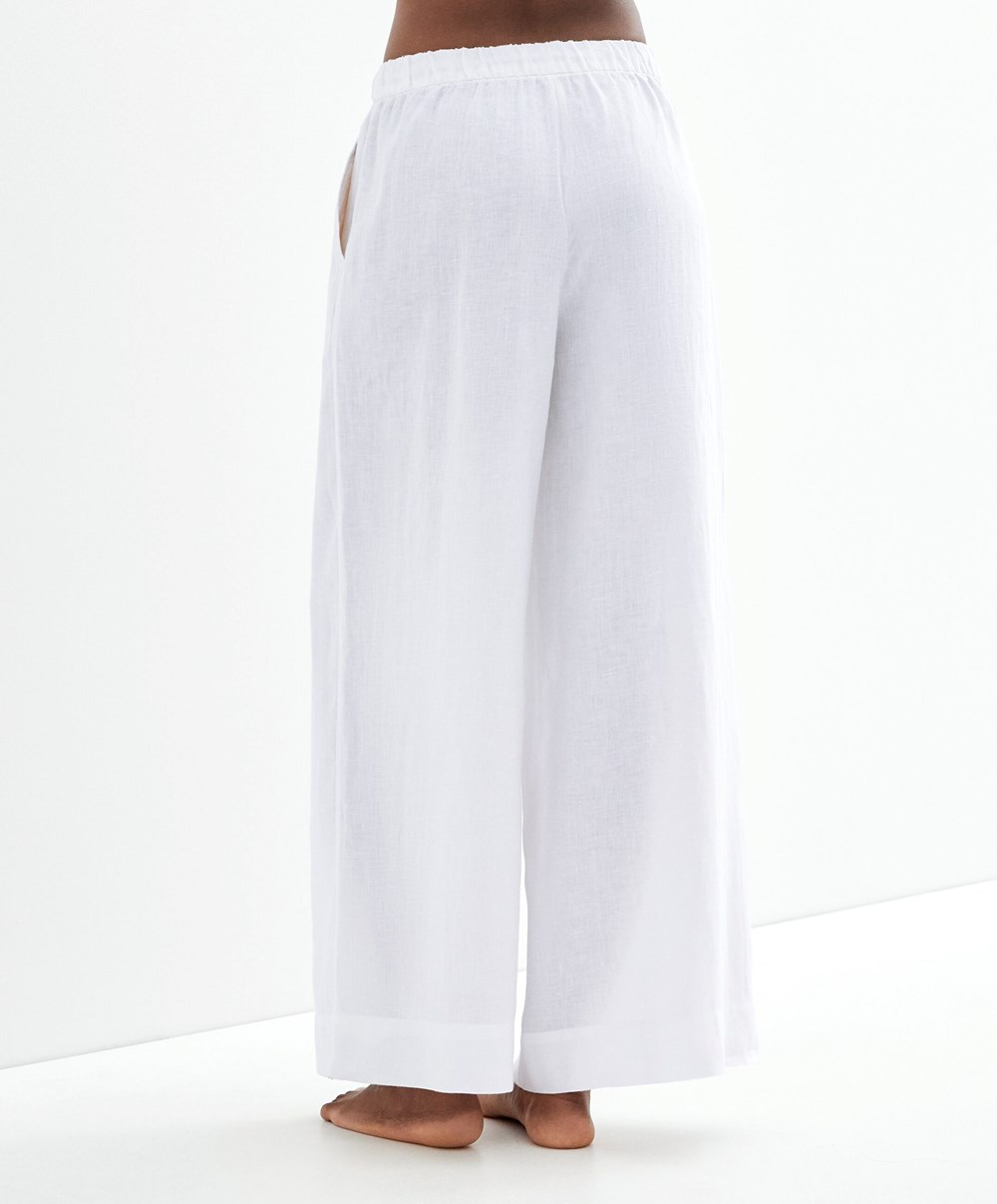 Oysho 100% Linen Brede Rett-leg Trousers Hvite | KISV04723