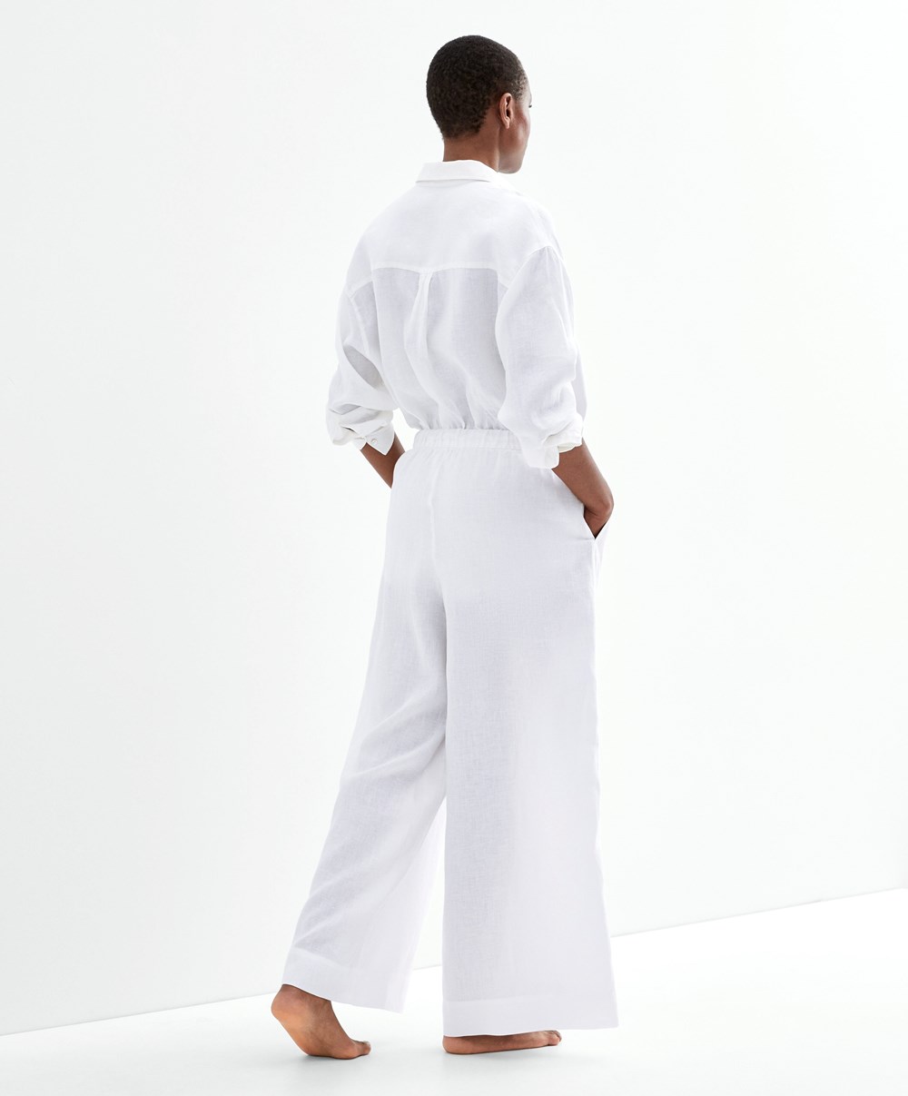 Oysho 100% Linen Brede Rett-leg Trousers Hvite | KISV04723