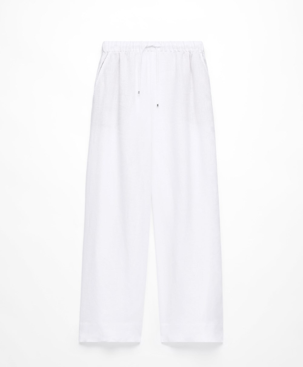 Oysho 100% Linen Brede Rett-leg Trousers Hvite | KISV04723