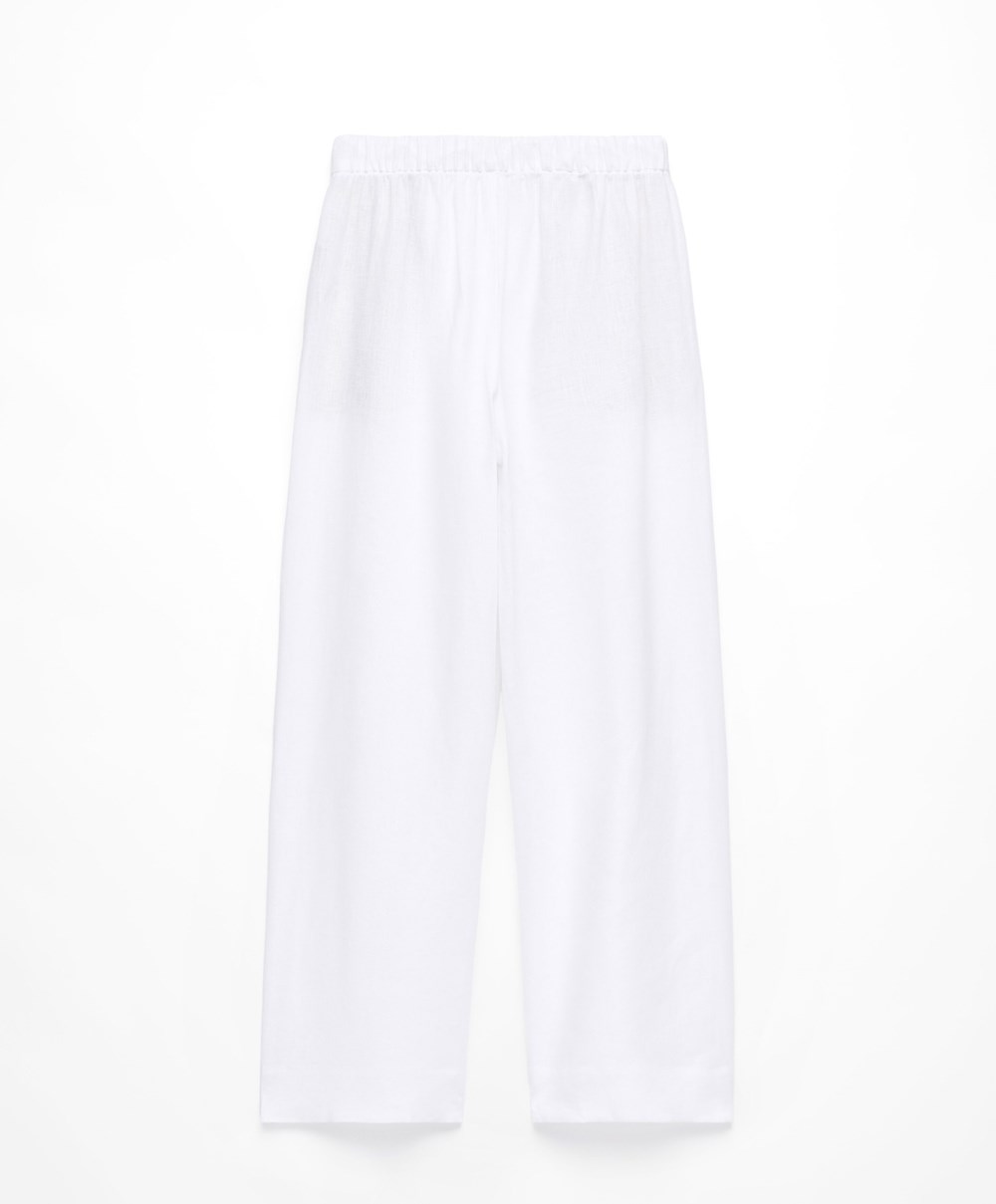 Oysho 100% Linen Brede Rett-leg Trousers Hvite | KISV04723