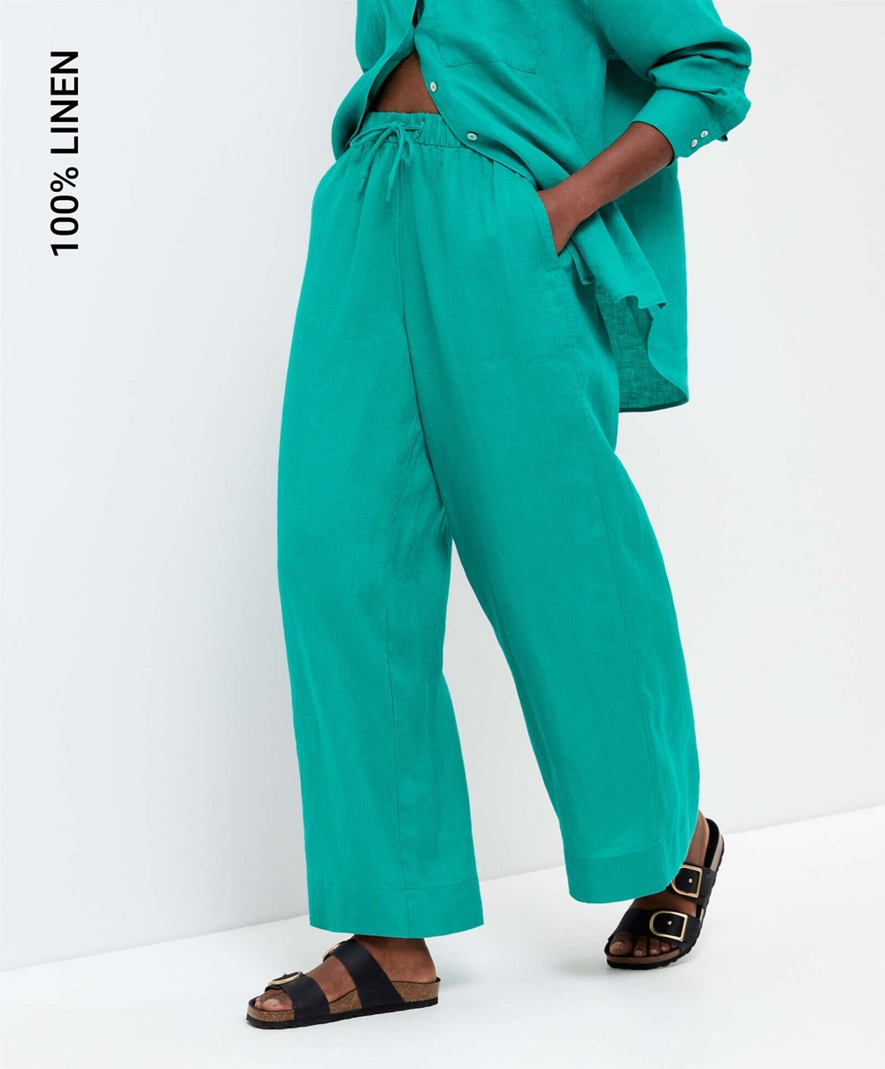 Oysho 100% Linen Brede Rett-leg Trousers Turkis Grønn | KPOT94726