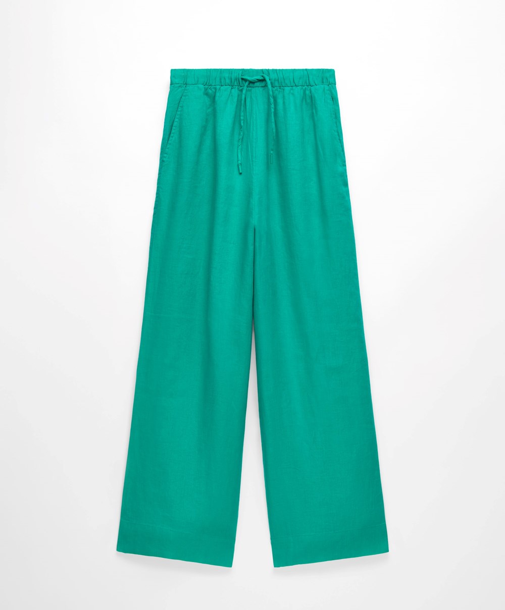 Oysho 100% Linen Brede Rett-leg Trousers Turkis Grønn | KPOT94726