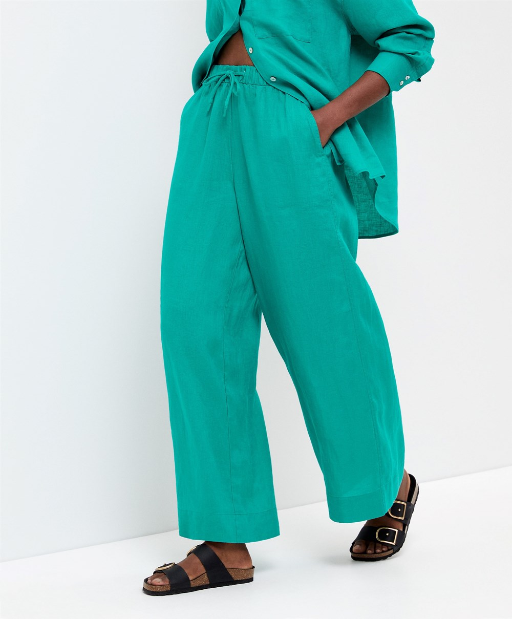 Oysho 100% Linen Brede Rett-leg Trousers Turkis Grønn | KPOT94726