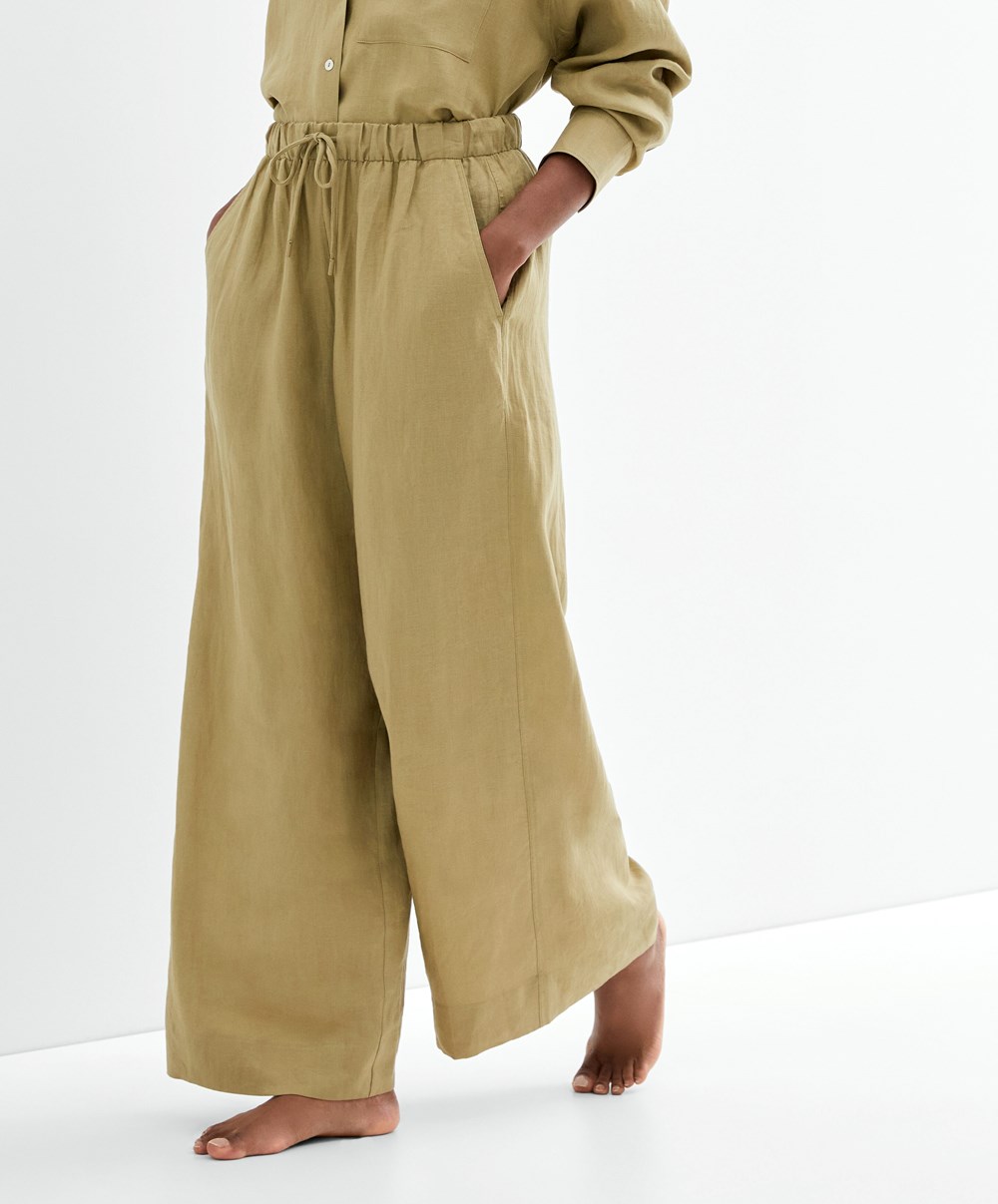 Oysho 100% Linen Brede Rett-leg Trousers Khaki | LRAS89267