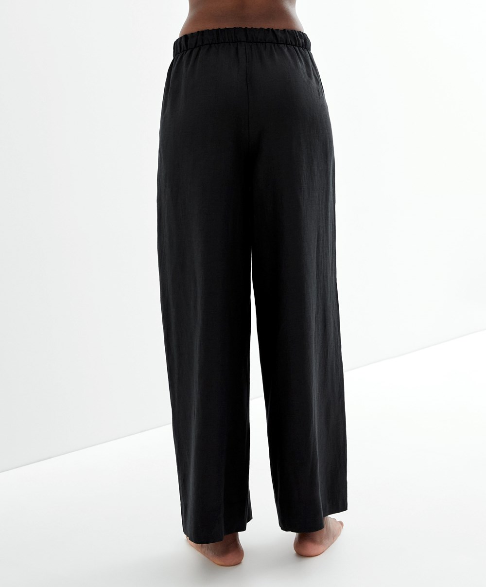 Oysho 100% Linen Brede Rett-leg Trousers Svarte | OZKP83670