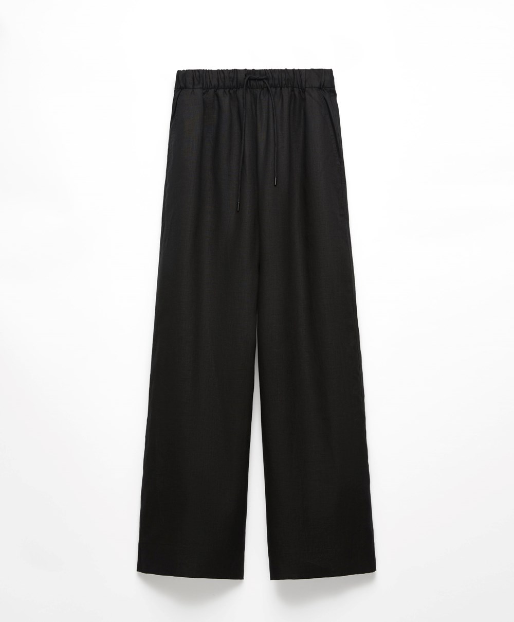 Oysho 100% Linen Brede Rett-leg Trousers Svarte | OZKP83670