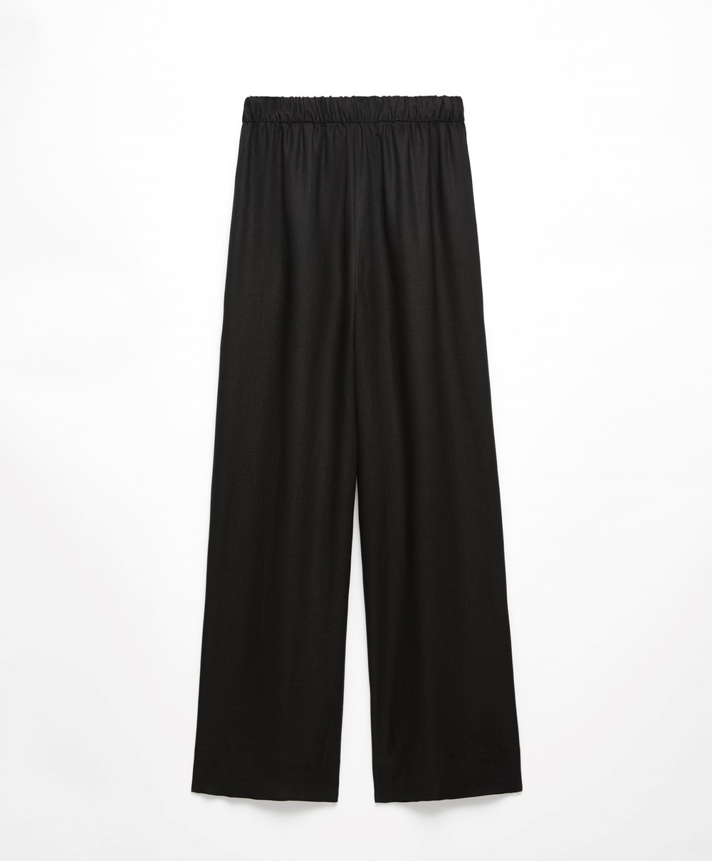 Oysho 100% Linen Brede Rett-leg Trousers Svarte | OZKP83670