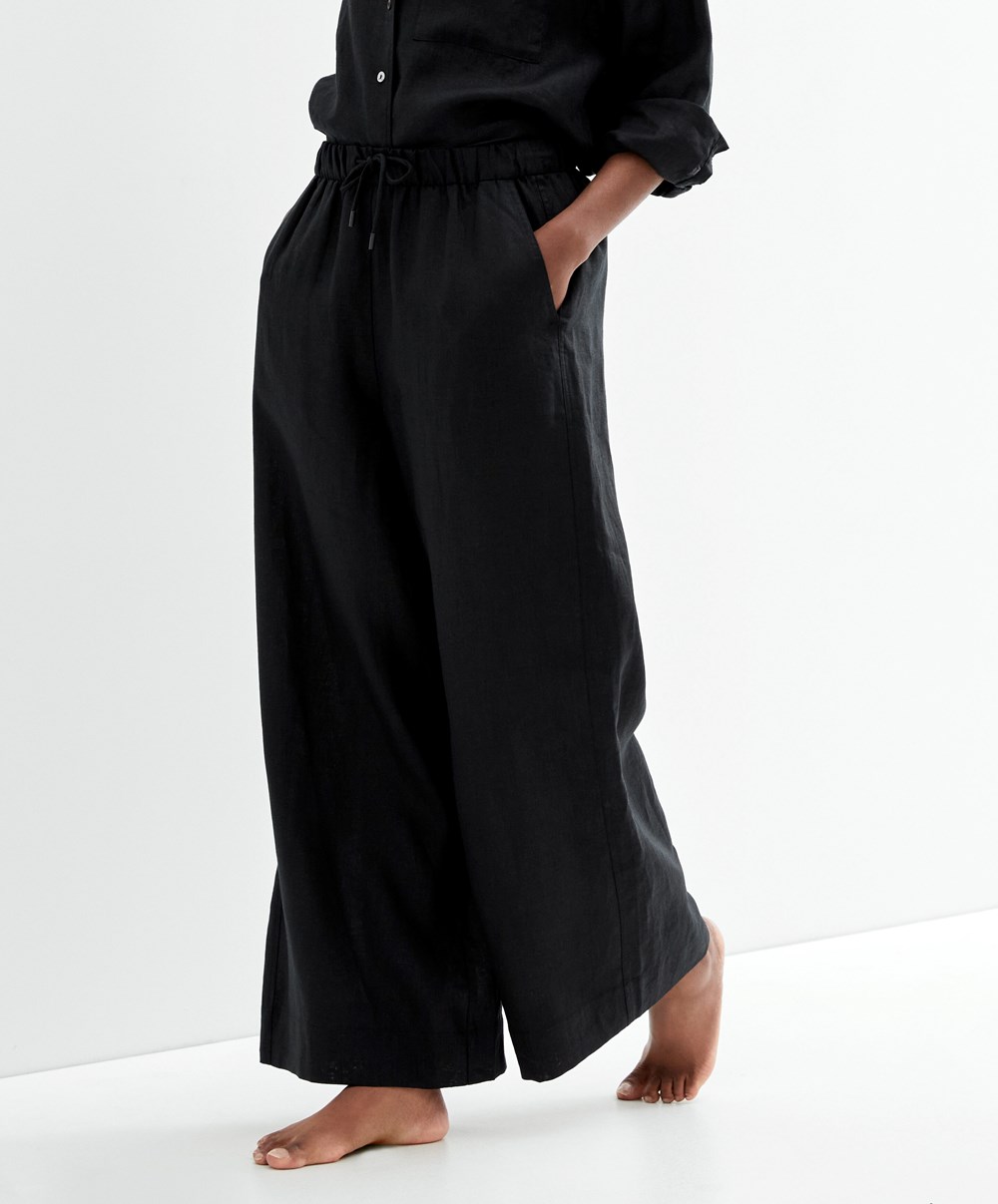 Oysho 100% Linen Brede Rett-leg Trousers Svarte | OZKP83670