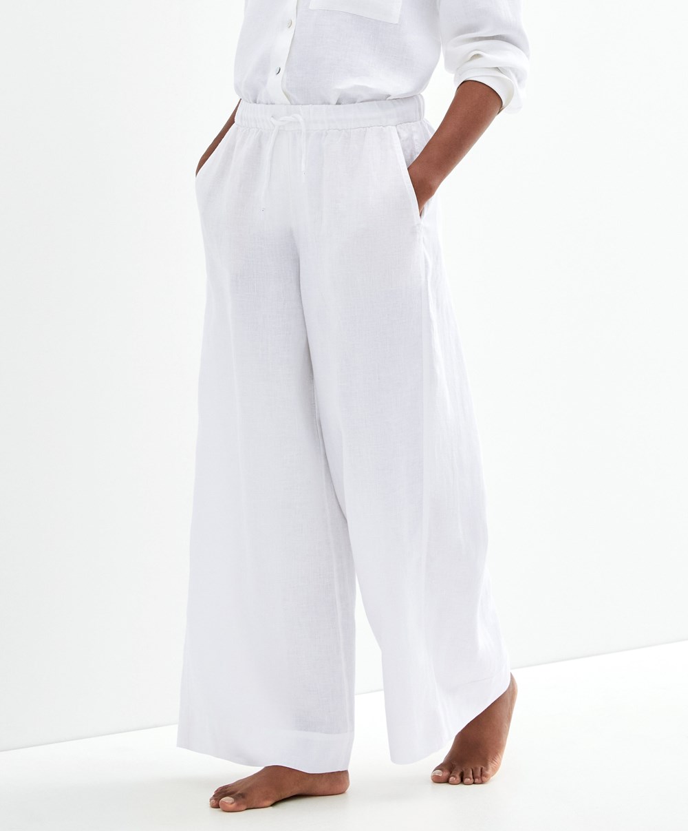 Oysho 100% Linen Brede Rett-leg Trousers Hvite | RHTY24903