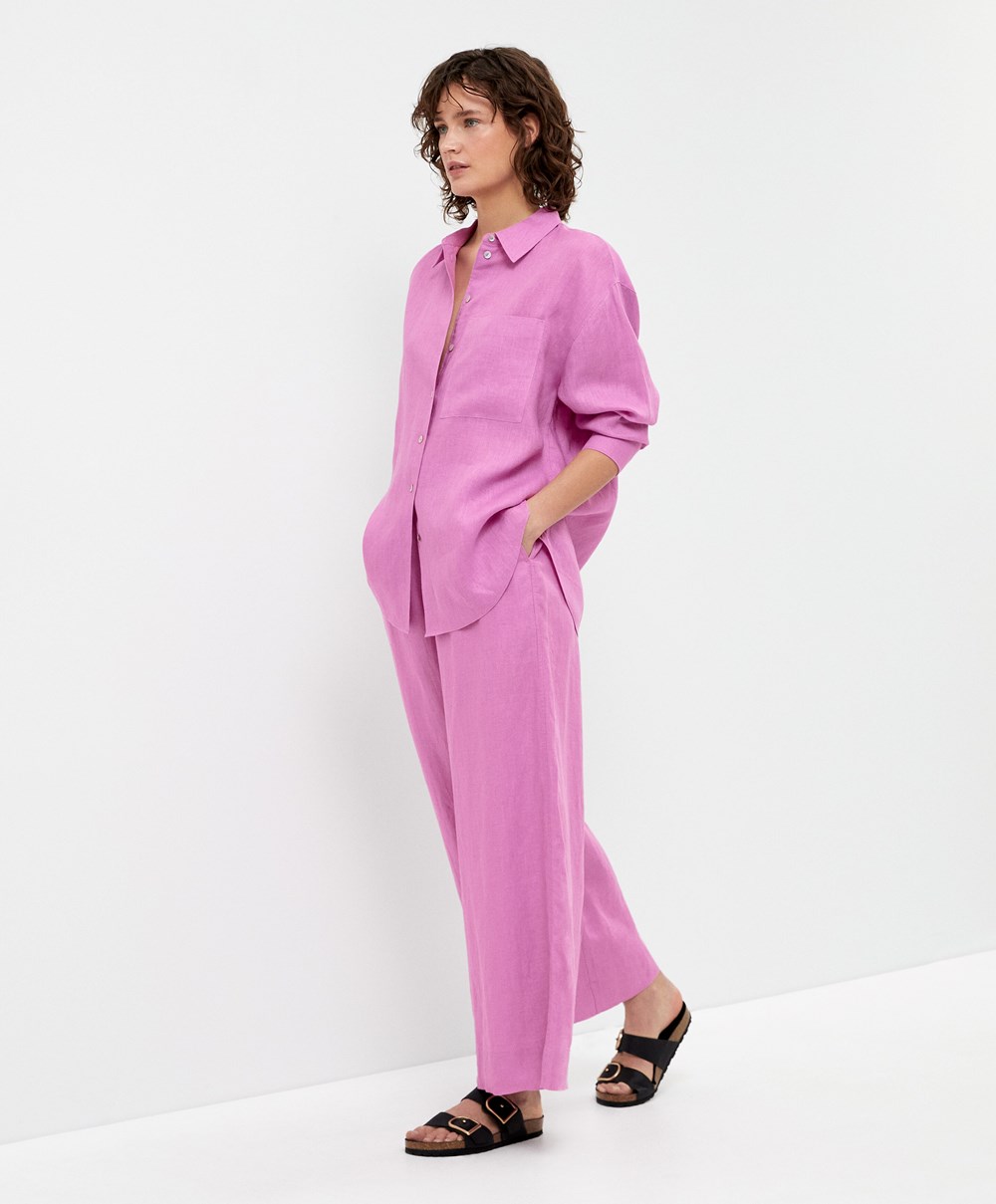 Oysho 100% Linen Brede Rett-leg Trousers Rosa | TRAY80267