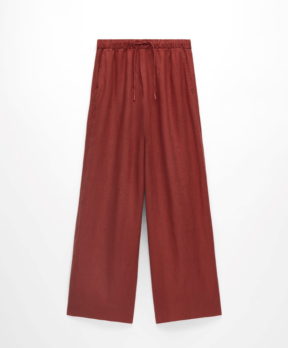 Oysho 100% Linen Brede Rett-leg Trousers Brune | XJDK91504