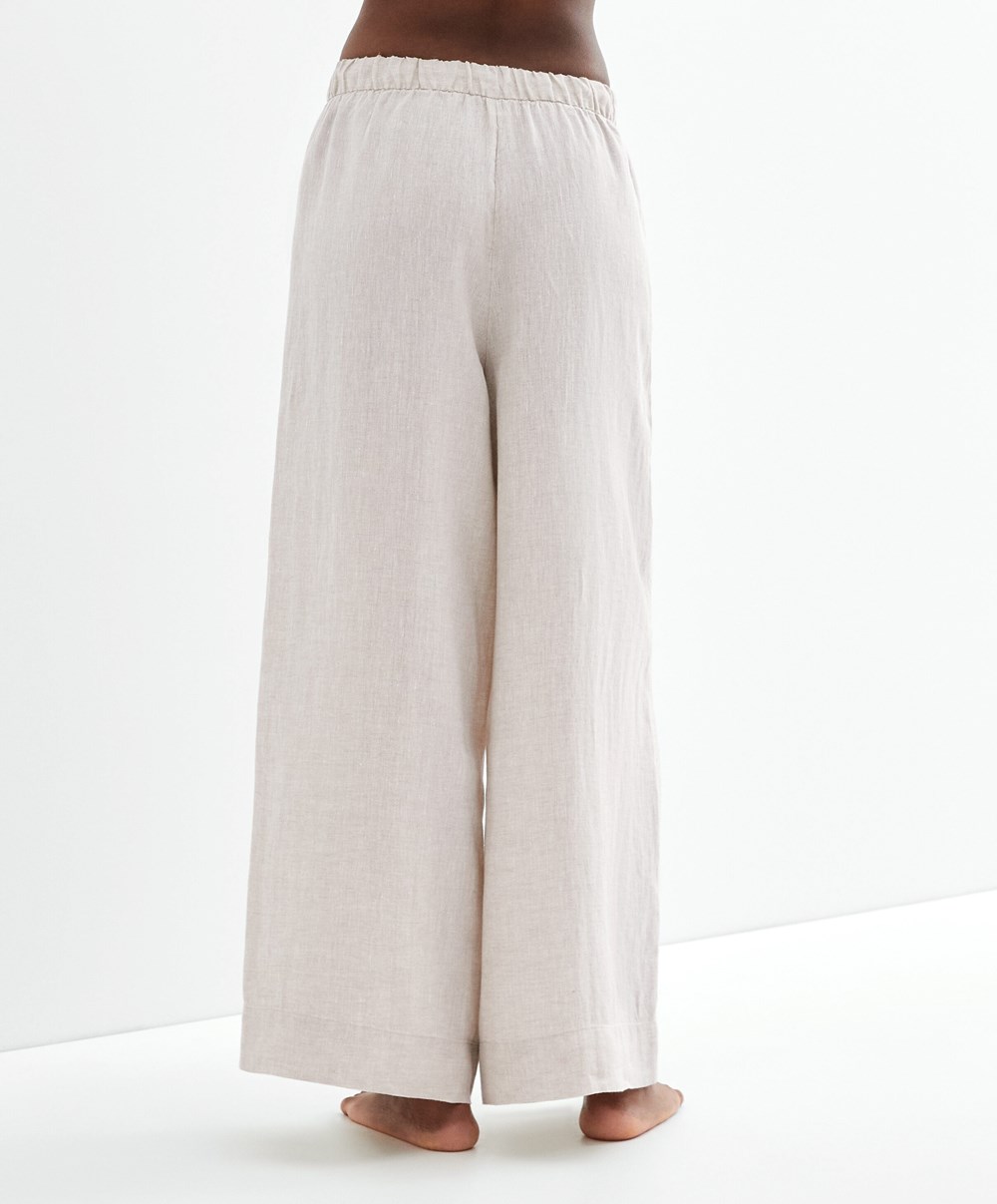 Oysho 100% Linen Brede Rett-leg Trousers Sand Melange | ZJPW26508