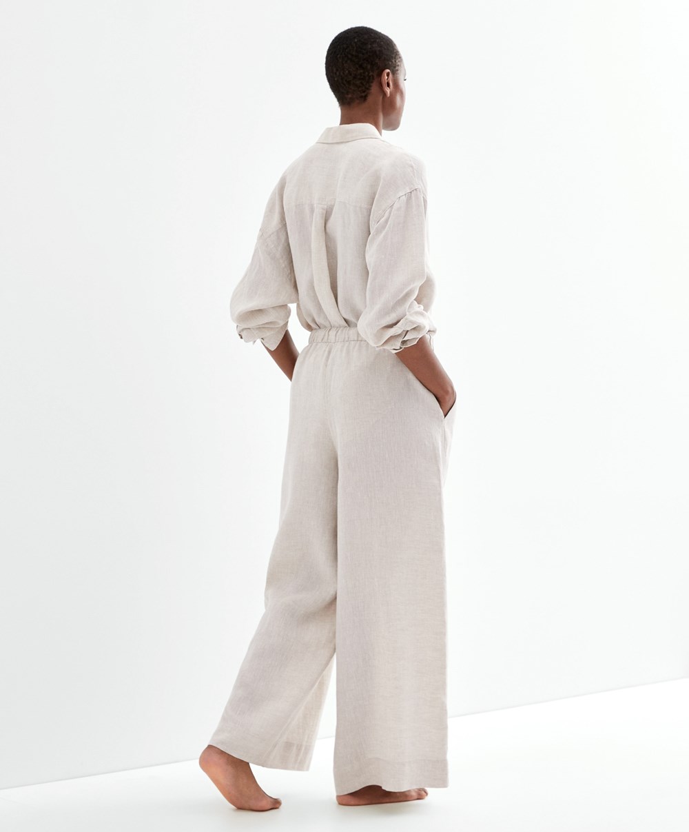 Oysho 100% Linen Brede Rett-leg Trousers Sand Melange | ZJPW26508