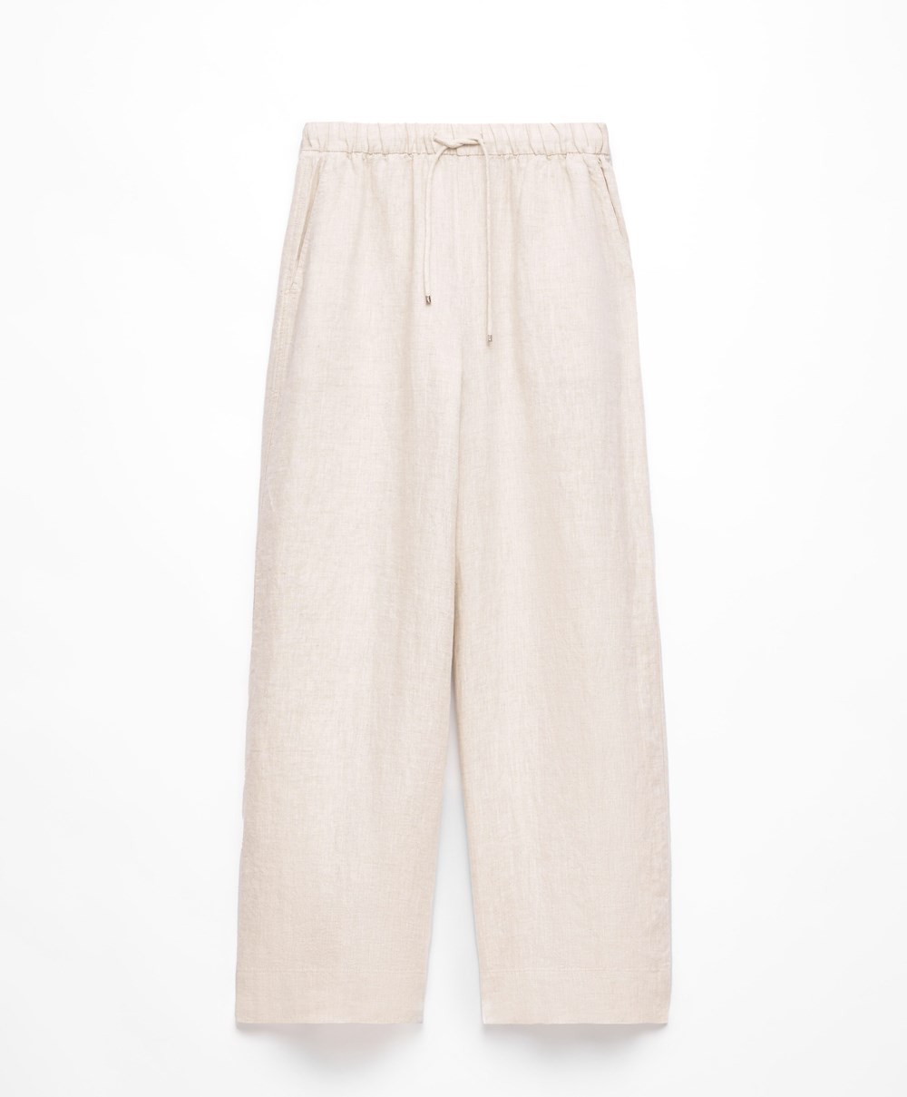 Oysho 100% Linen Brede Rett-leg Trousers Sand Melange | ZJPW26508