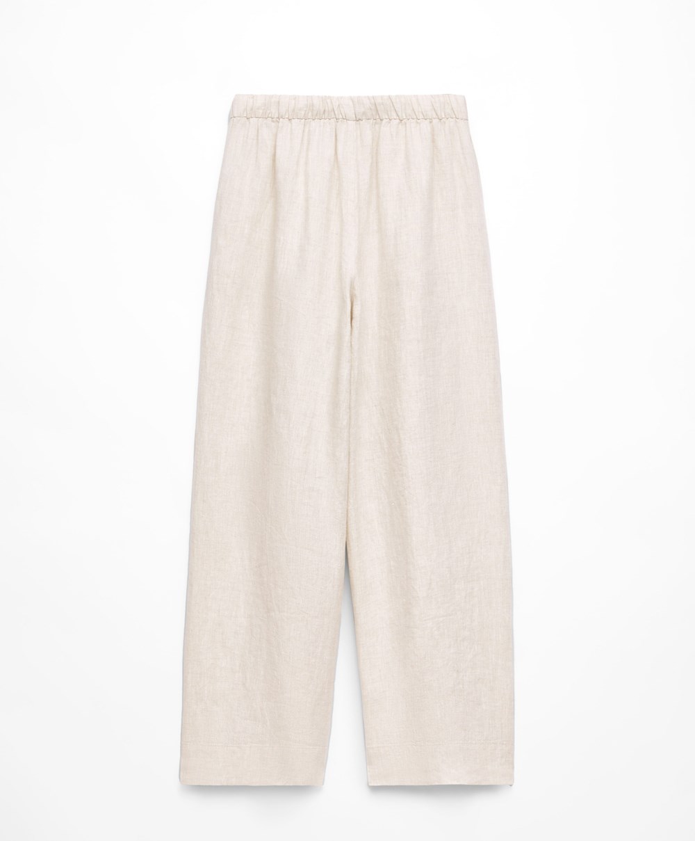 Oysho 100% Linen Brede Rett-leg Trousers Sand Melange | ZJPW26508