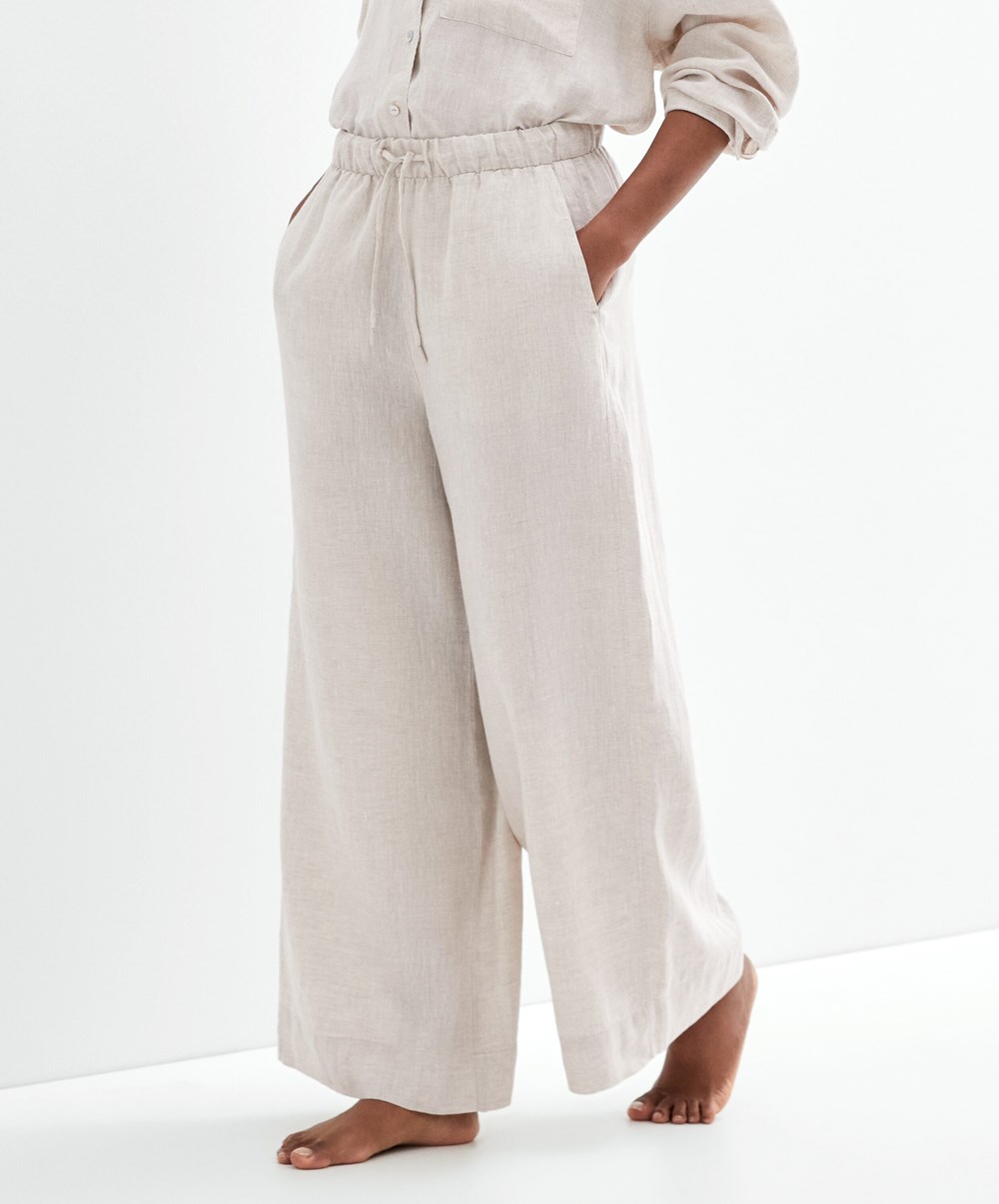 Oysho 100% Linen Brede Rett-leg Trousers Sand Melange | ZJPW26508