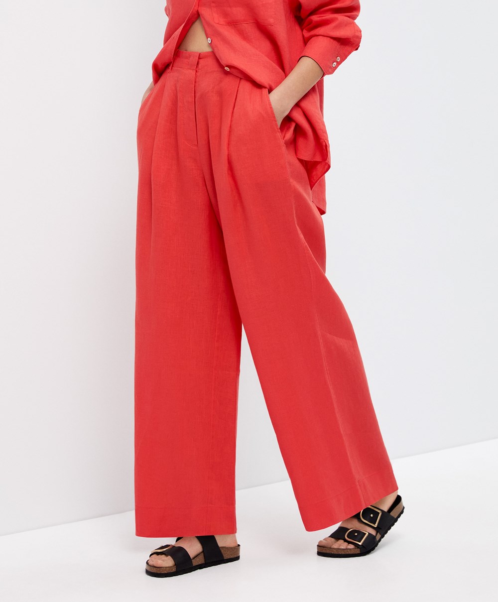 Oysho 100% Linen Brede-leg Trousers Oransje | KPXH25078