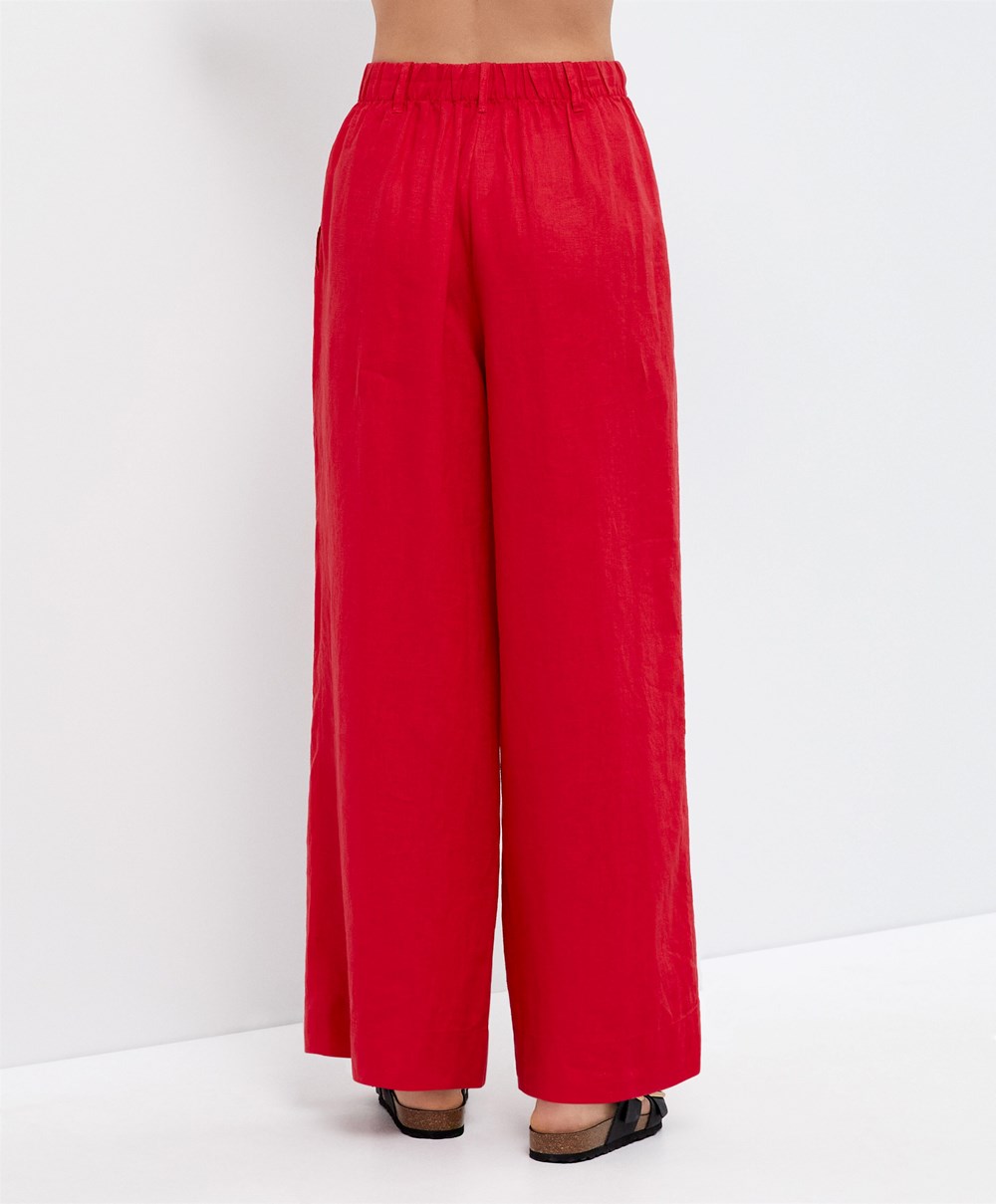 Oysho 100% Linen Brede-leg Trousers Rød | CNHU89736