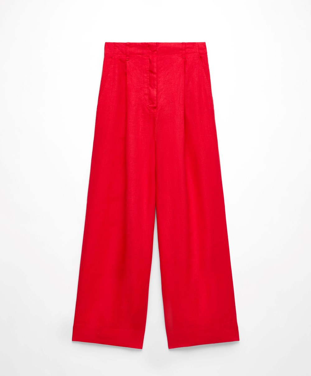 Oysho 100% Linen Brede-leg Trousers Rød | CNHU89736