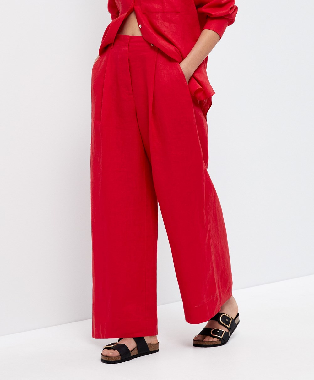 Oysho 100% Linen Brede-leg Trousers Rød | CNHU89736