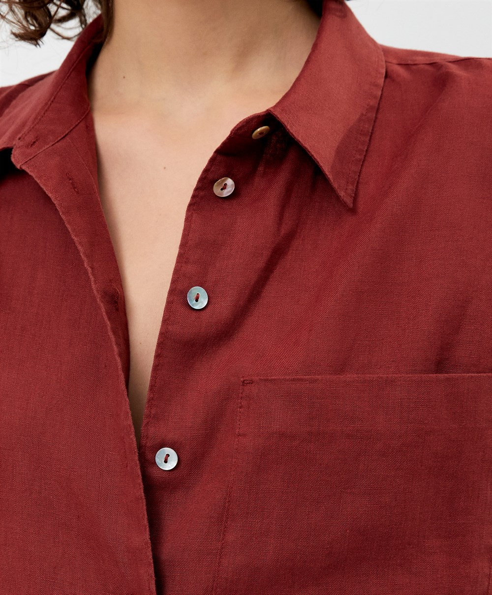 Oysho 100% Linen Long-sleeved Shirt Brune | TOZK79653